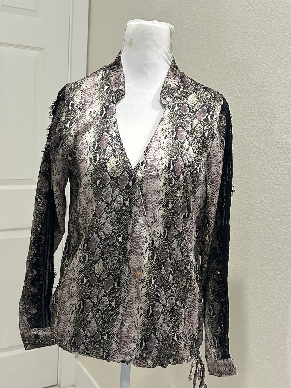 Snake-Print V-Neck Wrap Blouse with Black Lace Sleeves